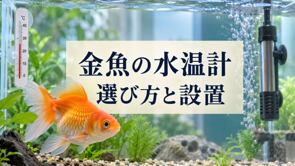 水温計を設置した水槽を泳ぐ金魚と「金魚の水温計 選び方と設置」の文字